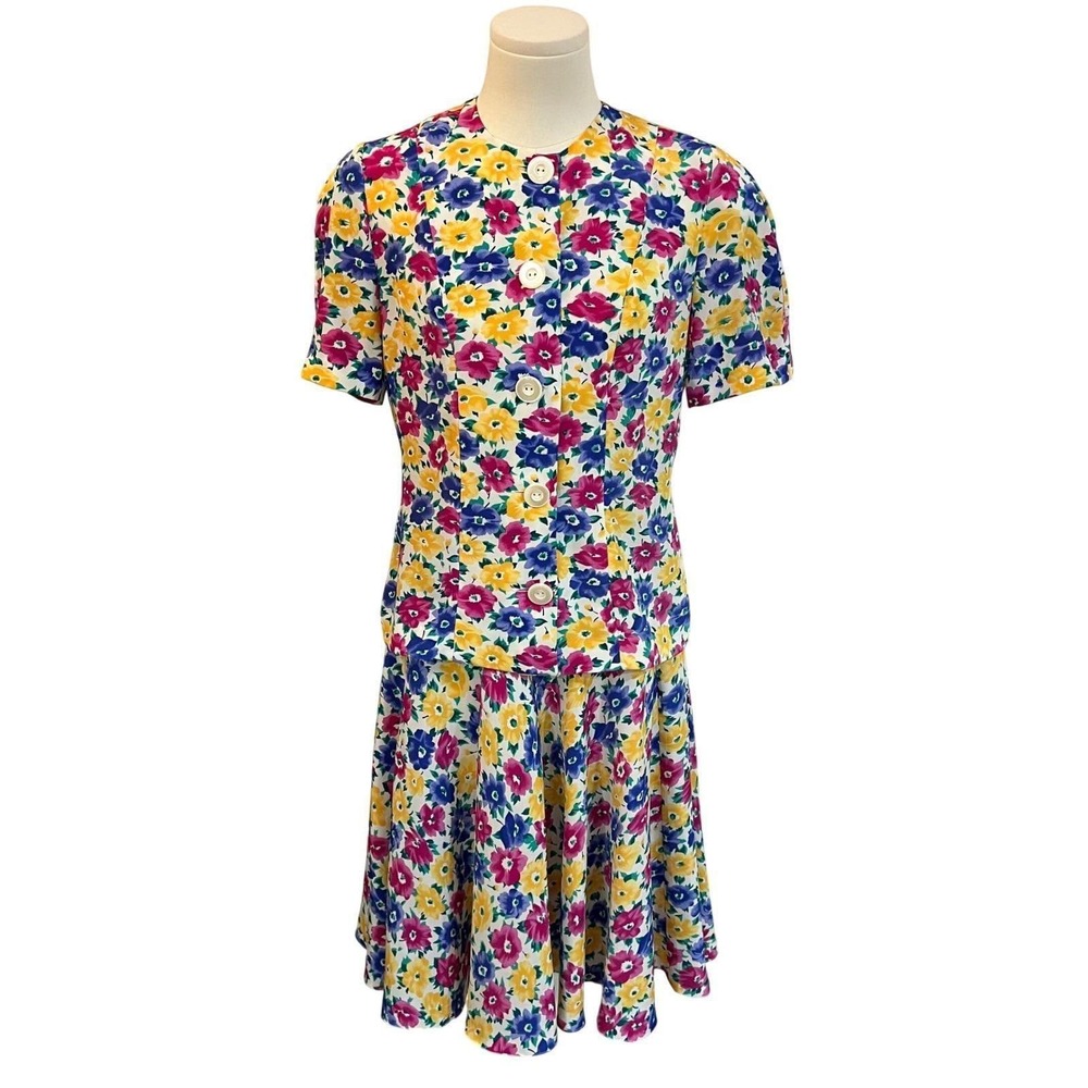 Vintage Leslie Fay Floral Matching Set Button Front Top Skirt 2 Piece 6 - Picture 1 of 10